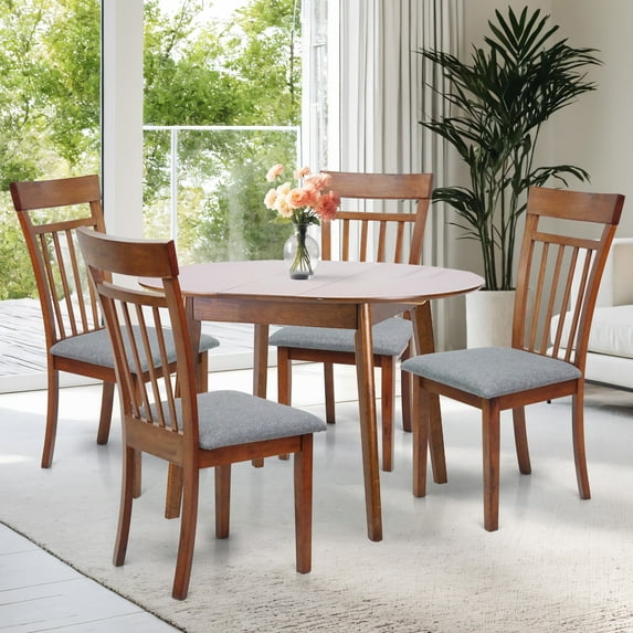 Dining Table Set for 4, Classic Style Solid Wood Warm Chairs w Extendable Round Table, Kitchen Room Set, Medium Brown Color w Gray Fabric