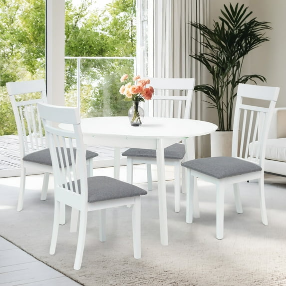 Dining Table Set for 4, Classic Style Solid Wood Warm Chairs w Extendable Round Table, Kitchen Room Set, White Color w Gray Fabric