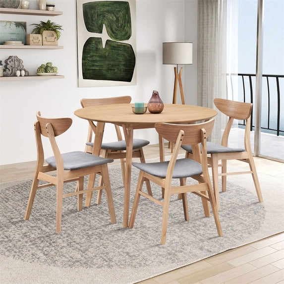 Dining Table Set for 4, Compact Mid-Century Modern Table & Chair Set for Home, Apartment w/ 4 Chairs, Padded Seats & Wooden Frame, Natural