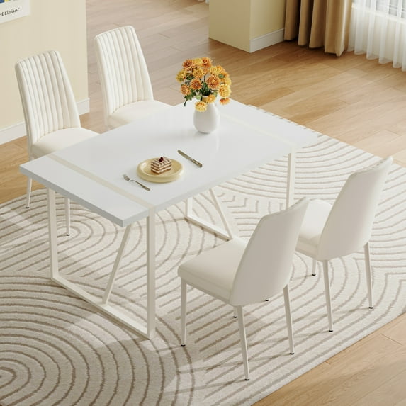 Dining Table Set for 4, Cream Style MDF Dining Table Set with 4 White PU Chairs, Metal Support Legs, Anti-slip Bottom Foot, for Kitchen, Dining Room