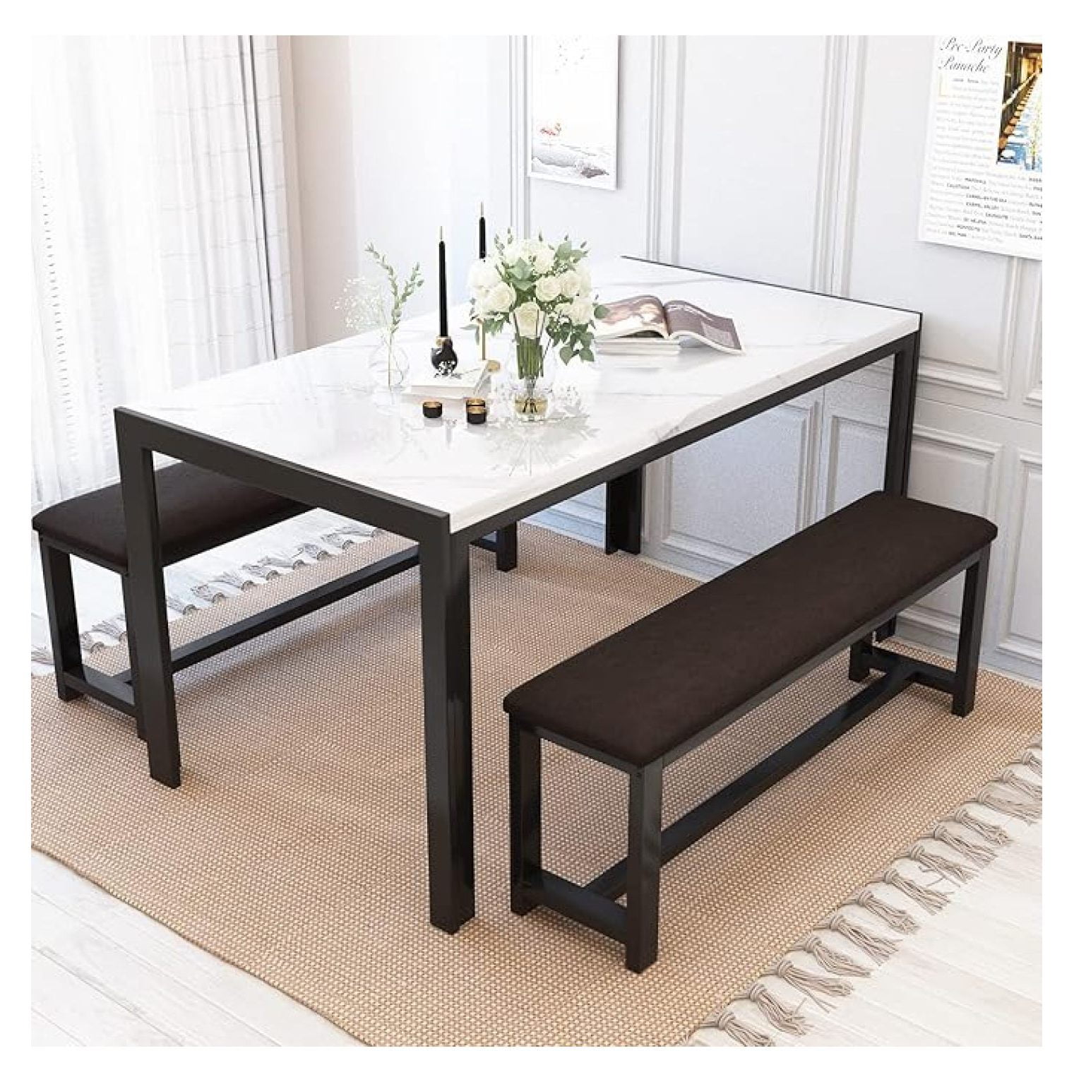 Dining Table Set for 4, Kitchen Table Set with Upholstered Benches, Faux Marble Dining Room ...