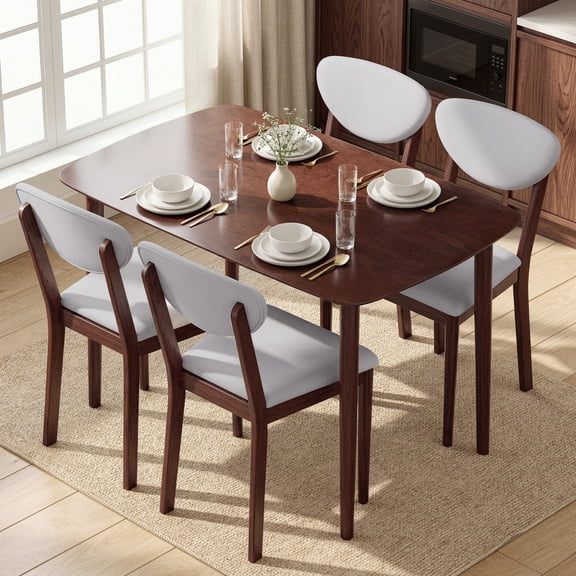 Dining Table Set for 4, Kitchen Table and Chairs with Padded Seats and Backrests, Solid Wood Frame, Light Gray