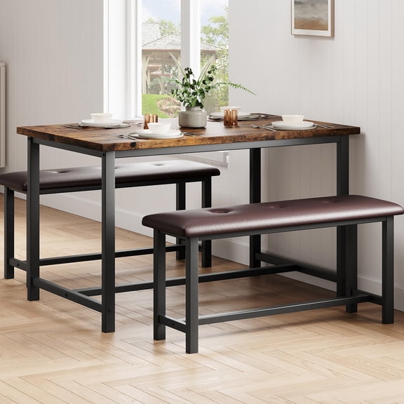 Dining Table Set for 4, Kitchen Table with 2 Upholstered Benches, 3 Piece Kitchen Dinner Table Set for Small Space