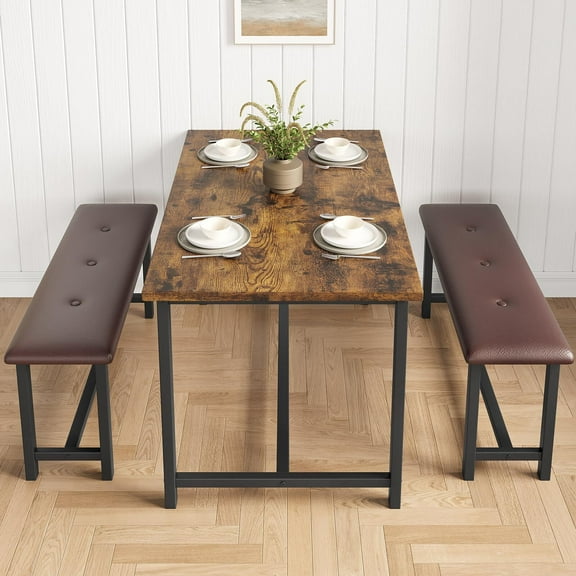 Dining Table Set for 4, Kitchen Table with 2 Upholstered Benches, Wood Kitchen Dining Room Set, for Small Space, Apartment, Home, Dinner, Retro Brown