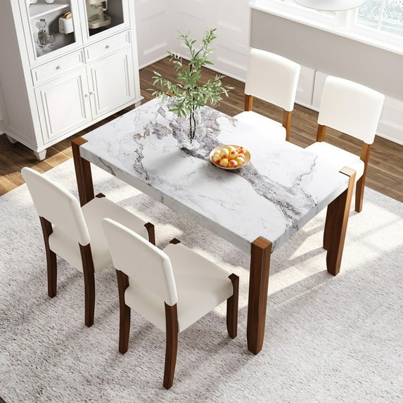 Dining Table Set for 4, Kitchen Table with 4 Upholstered Chairs, 46" Faux Marble Kitchen Table ...