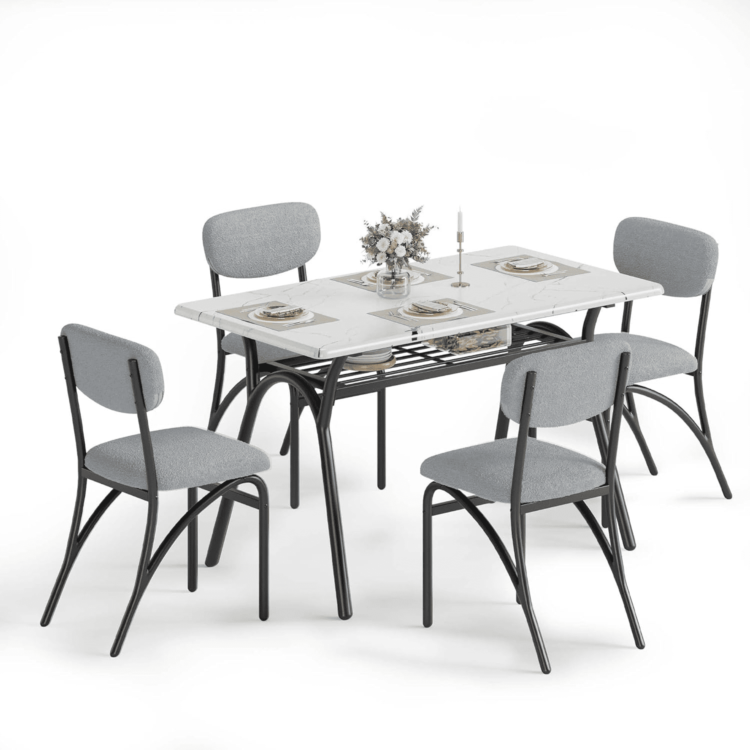 Modern Gray and Marble Dining Table Set with Boucle Chairs