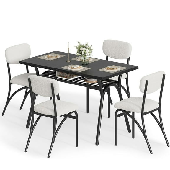 Dining Table Set for 4, Kitchen Table with Boucle Chairs for 4, Modern Rectangular Dining Table with Storage Rack