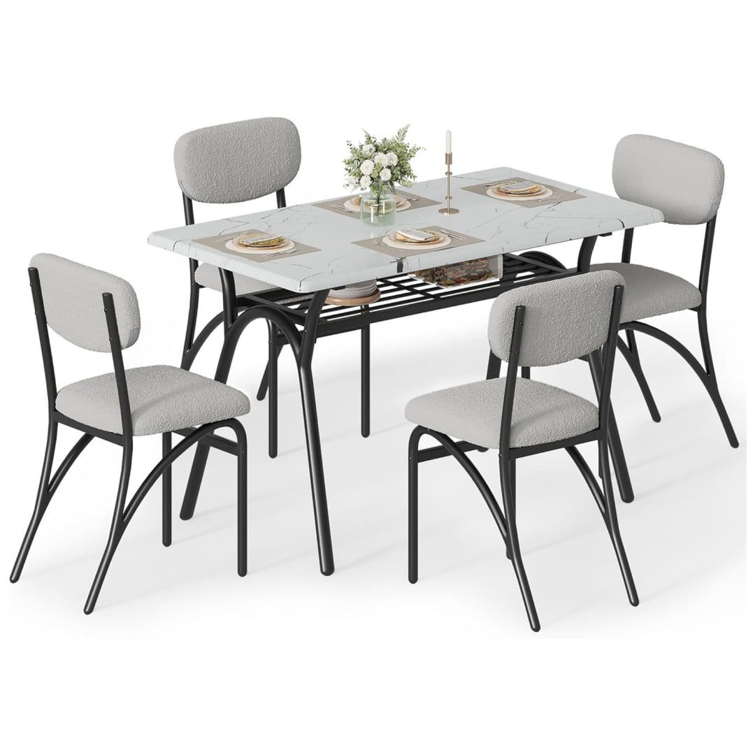 Modern Gray and Marble Dining Table Set with Boucle Chairs
