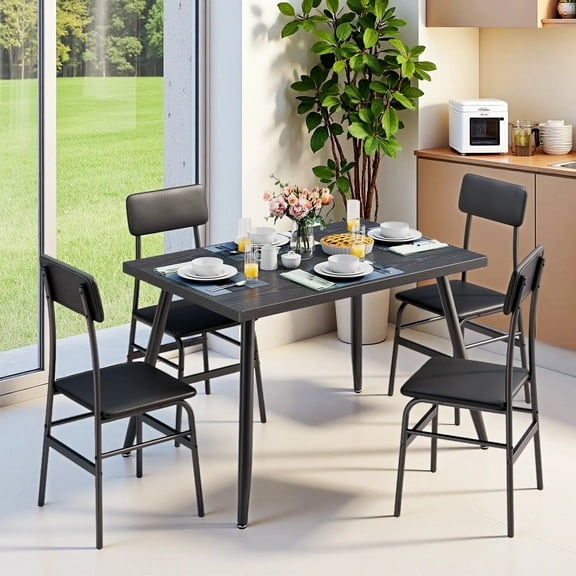 Dining Table Set for 4, Lofka 5-Piece Modern Metal & Wooden Kitchen Table with 4 Chairs, Black
