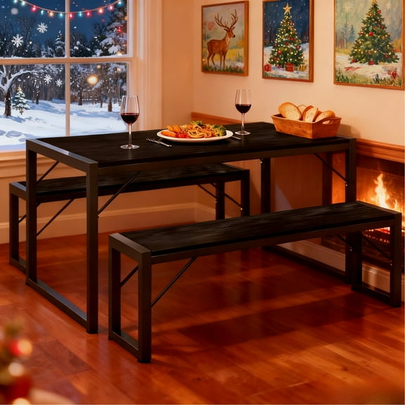 Dining Table Set for 4 , Lofka 45.5" Kitchen Table and Benches Set for Space Saving Apartment, Black