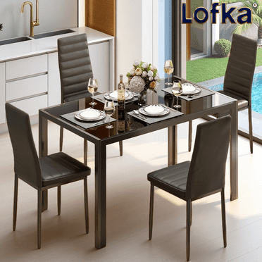 Dining Table Set for 4, Lofka Modern Glass Kitchen Table and 4 PU Leather Chairs, Breakfast Nook,Dining Room, Black