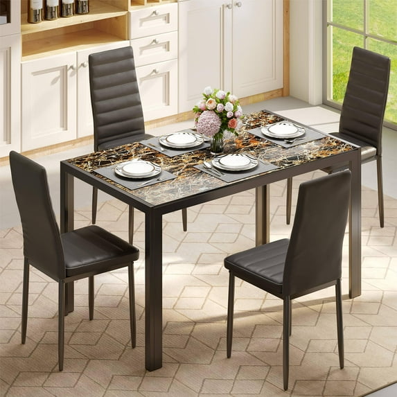 Dining Table Set for 4, Lofka Modern Glass Kitchen Table and 4 PU Leather Chairs, Breakfast Nook, Dining Room,Marble