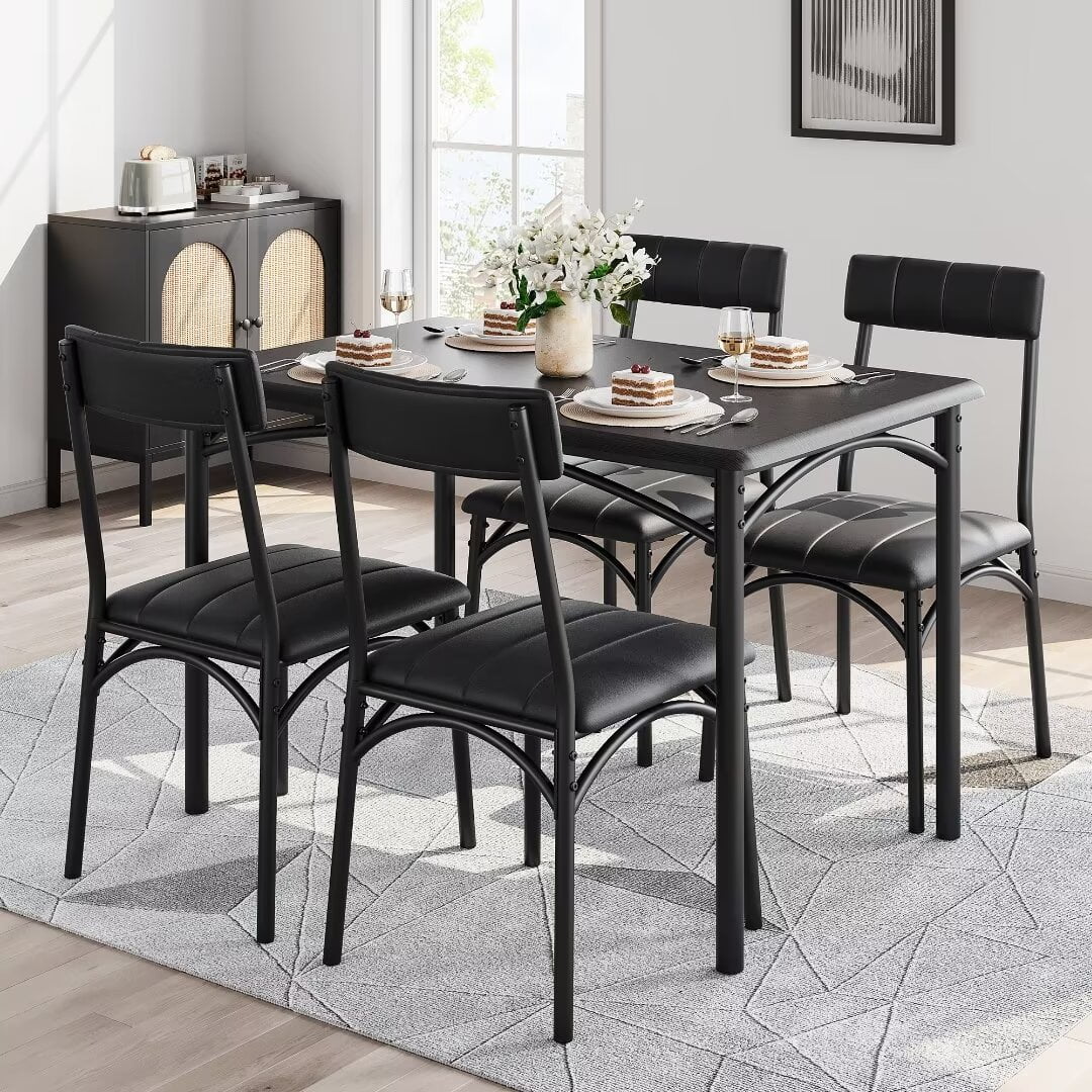 Dining Table Set for 4, Metal and Wood Kitchen Table and Chairs for Small Space, Black - Walmart.com