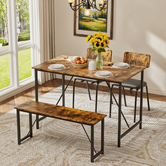 Dining Table Set for 4, Modern Dining Room Set with 2 Chairs and Bench, Multifunction Kitchen Table and Chairs Set for Home Restaurant Pub, Brown