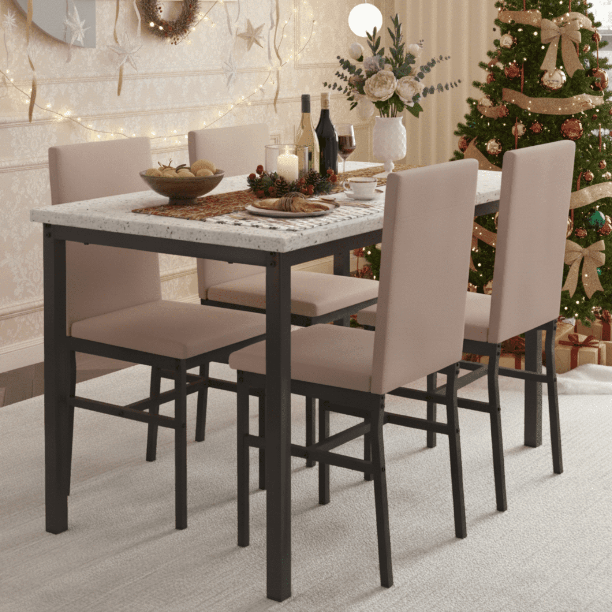 Dining Table Set for 4, Kitchen Table Set with 4 PU Upholstery Chairs, Modern Faux Marble Top Finish Dining Set for Bar, Breakfast Nook, khaki
