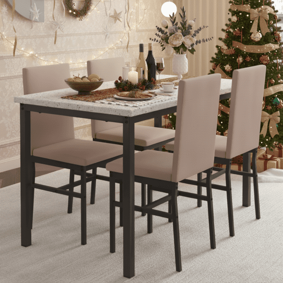 Dining Table Set for 4, Kitchen Table Set with 4 PU Upholstery Chairs, Modern Faux Marble Top Finish Dining Set for Bar, Breakfast Nook, khaki