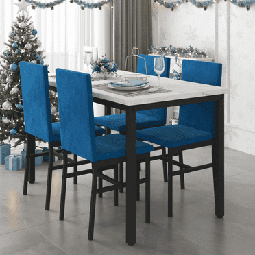 Dining Table Set for 4, Modern Marble Dine Table with 4 Velvet Chairs, Modern Kitchen Table Set for Home, Breakfast Nook, Cafeteria Dining Room, Blue