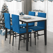 Dining Table Set for 4, Modern Marble Dine Table with 4 Velvet Chairs, Modern Kitchen Table Set for Home, Breakfast Nook, Cafeteria Dining Room, Blue