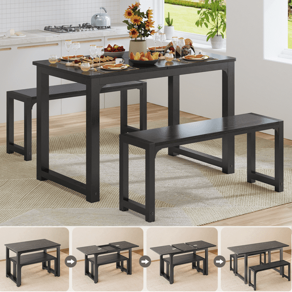 Extendable Dining Table Set for 4 People with 2 Benches,47" to 63" Kitchen Table for Living Room, Black