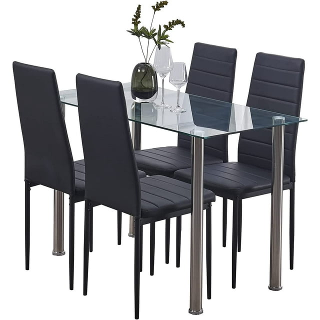 Dining Table Set for 4, ROZHOME 5 Piece Kitchen Table and Chairs with Clear Tempered Glass Table
