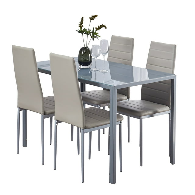 Dining Table Set for 4, ROZHOME 5 Piece Kitchen Table and Chairs with Tempered Glass Table Top and 4 Faux Leather Metal Frame Chairs, Gray