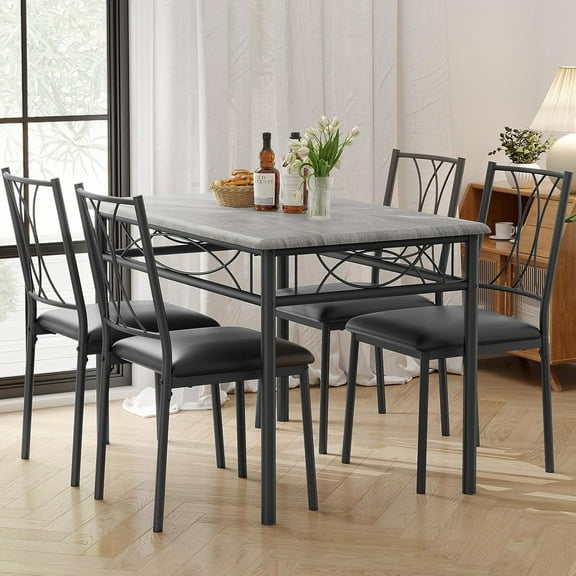 Dining Table Set for 4, Rectangle Compact Dining Table and Chairs Set, Small Kitchen Table Set with 4 Upholstered Chairs for Apartment