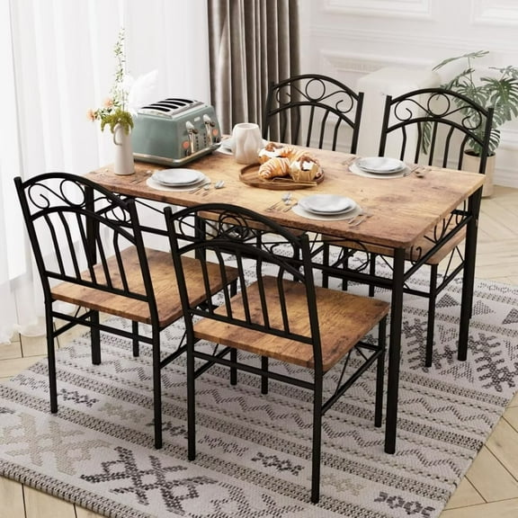 Dining Table Set for 4, Retro Dining Room Table Set with 4 Wood Chairs, 5 Piece Dining Table Set for Small Space, Apartment, Brown