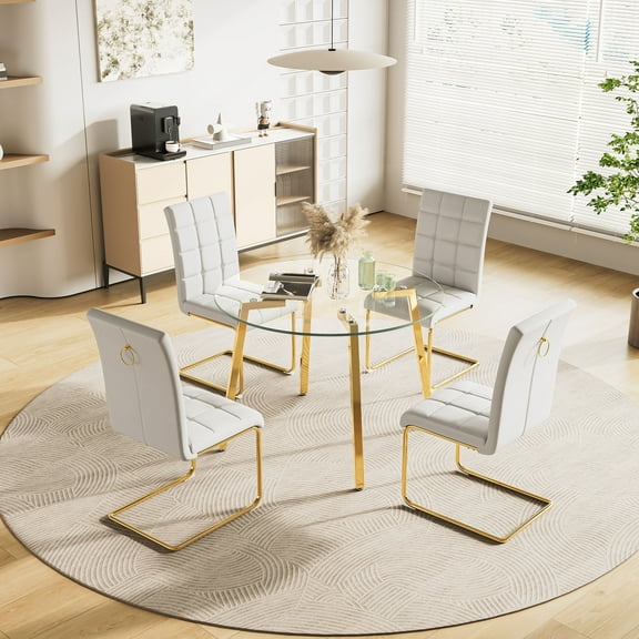 Dining Table Set for 4, Round Tempered Glass Dining Table, 4 PU Chairs with Metal Legs, Kitchen Table Chairs Set for Dining Room, Small Apartment