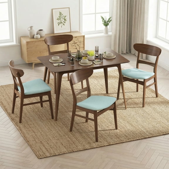 Dining Table Set for 4, Rubberwood Kitchen Table with 4 Upholstered Chairs for Kitchen, Dining Room, Walnut + Mint