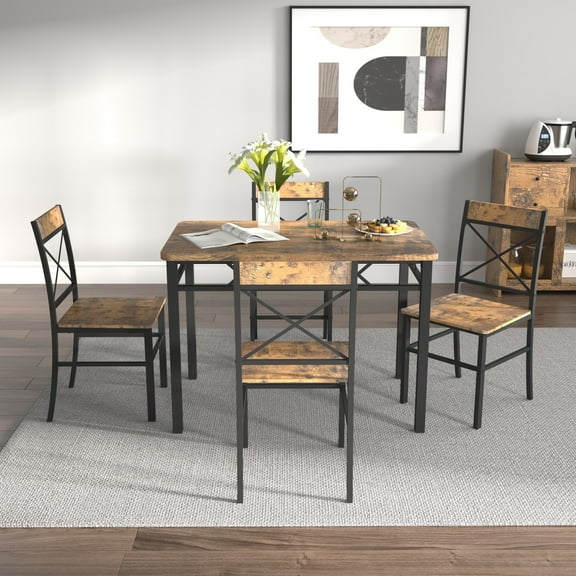 Dining Table Set for 4, Wood Kitchen Table with Chairs Dinning Table Set for Kitchen & Dining Room, Compact Dining Set for Small Spaces (Brown)