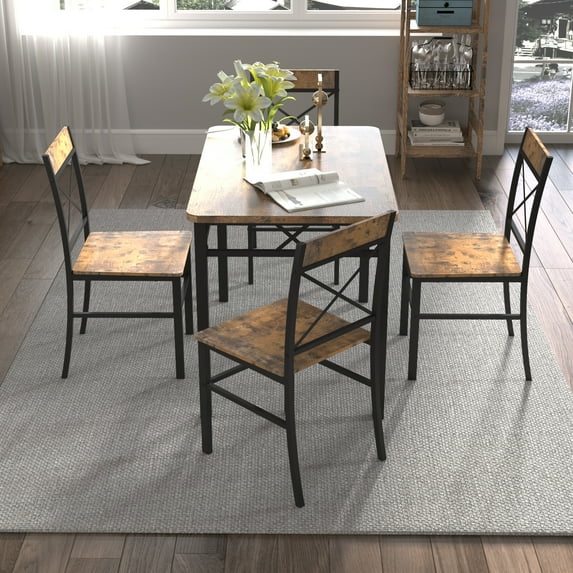 Dining Table Set for 4, Wood Kitchen Table with Chairs Dinning Table Set for Kitchen & Dining Room, Compact Dining Set for Small Spaces, Rustic Brown