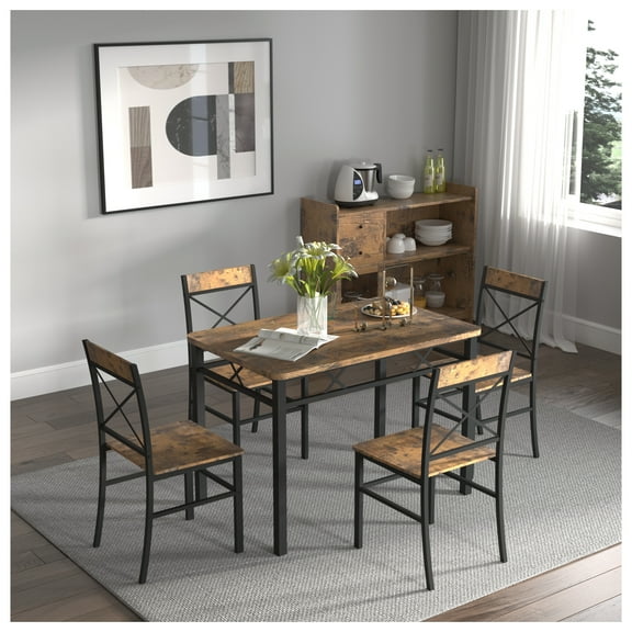 Dining Table Set for 4, Wood Kitchen Table with Chairs Dinning Table Set for Kitchen & Dining Room, Compact Dining Set for Small Spaces, Rustic Brown