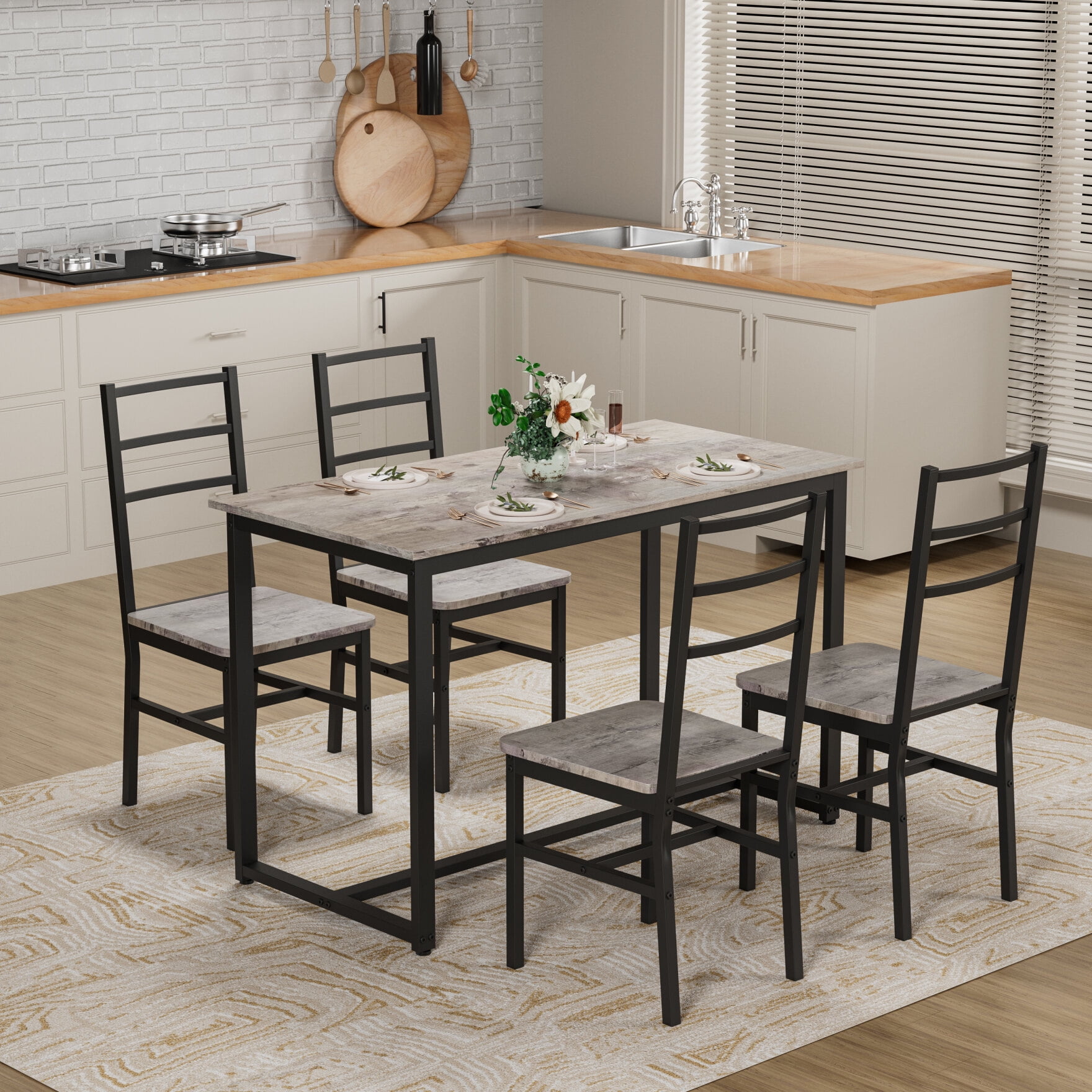 Dining Table Set for 4, Wood Rectangle Kitchen Table with High Backrests Chairs, Space-Saving ...