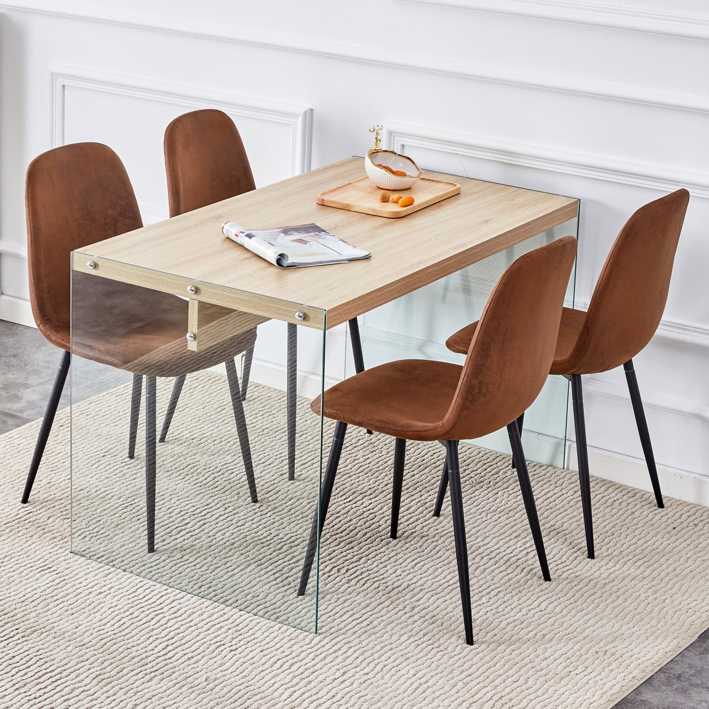 Dining Table Set for 4, Wood Texture MDF Coffee Table with Tempered ...