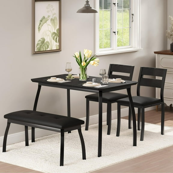 Dining Table Set for 4, Wooden Kitchen Table with Upholstered Bench & 2 Cushion Chairs, for Studio, Kitchen, Dining Room, Apartment, Black