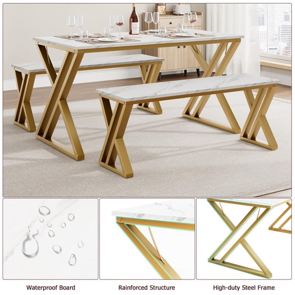Dining Table Set for 4 with 2 Benches, Space-Saving Kitchen Table Set for Dining Room, Apartment or Small Space, Sturdy Metal Frame and Wood Top