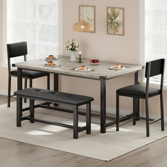 Dining Table Set for 4 with Bench and 2 Upholstered Chairs, Wooden Rectangular Kitchen Table for Small Spaces, Easy Assembly, Rustic Black Finish