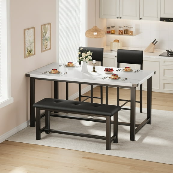 Dining Table Set for 4 with Bench and 2 Upholstered Chairs, Wooden Rectangular Kitchen Table for Small Spaces, Easy Assembly, Rustic Black Finish