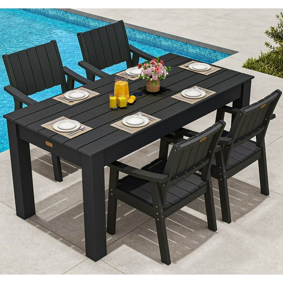 Patio Table and Chairs for 4, 5 Piece Outdoor Dining Set with Umbrella Hole Armchairs for 4-Person