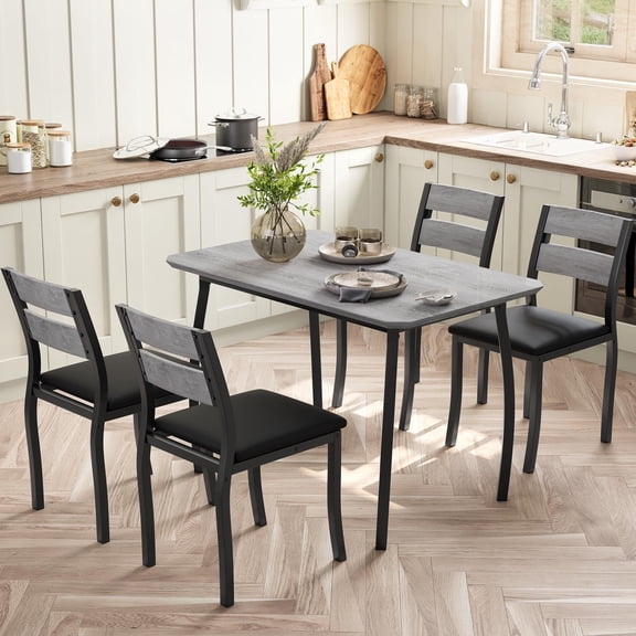 Dining Table Set for 4,with Chamfered Edges & Cushioned Seats, Space-Saving Metal Frame Breakfast Nook for Dining Room, Apartment, Grey