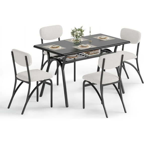 Dining Table Set for 4 with Storage Rack, Modern Kitchen Table with Boucle Chairs for 4
