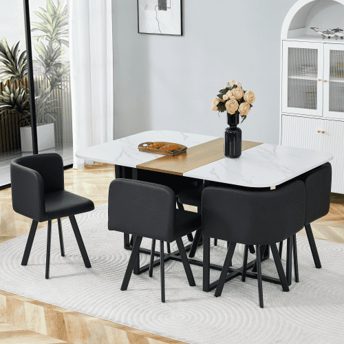Dining Table Set for 6, 59" Rectangle Kitchen Dinner Room Table, Black PU Leather Upholstered Chairs Set of 6, 7-Piece Kitchen Table and Chairs Set