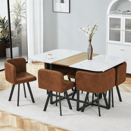 Dining Table Set for 6, 59" Rectangle Kitchen Dinner Room Table, Brown PU Leather Upholstered Chairs Set of 6, 7-Piece Kitchen Table and Chairs Set