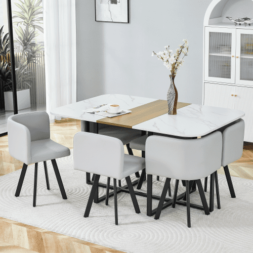 Dining Table Set for 6, 59" Rectangle Kitchen Dinner Room Table, Gray PU Leather Upholstered Chairs Set of 6, 7-Piece Kitchen Table and Chairs Set