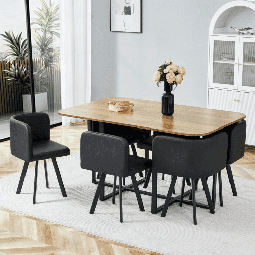 Dining Table Set for 6, 59" Rectangle Kitchen Dinner Room Table, PU Leather Upholstered Chairs Set of 6, 7-Piece Kitchen Table and Chairs Set