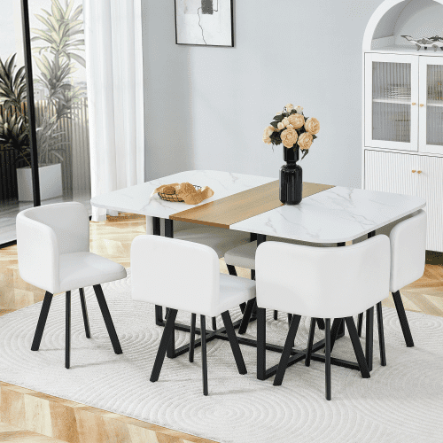 Dining Table Set for 6, 59" Rectangle Kitchen Dinner Room Table, White PU Leather Upholstered Chairs Set of 6, 7-Piece Kitchen Table and Chairs Set