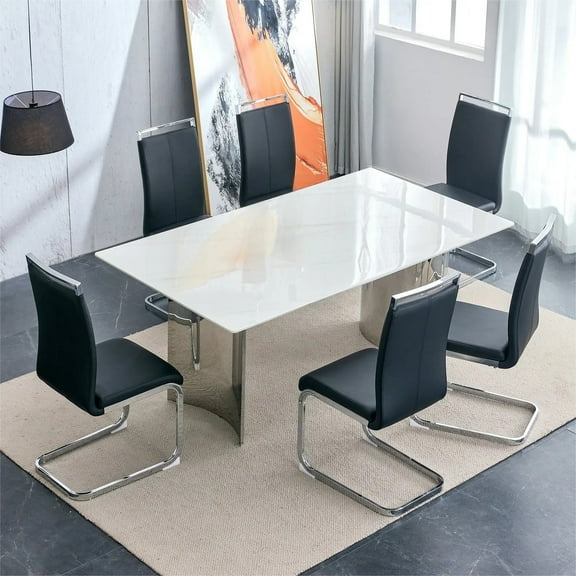 Sudica 71" White Faux Marble Dining Table Set for 6, Modern Rectangular Kitchen Dining Table with 6 Black PU Leather Upholstered Chairs