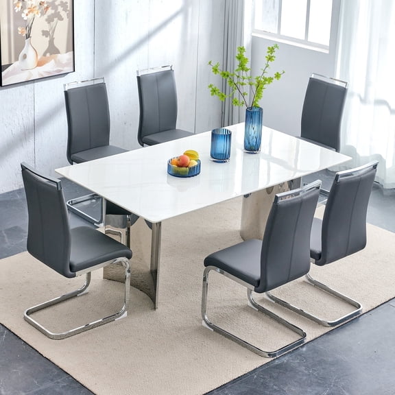 Dining Table Set for 6 And Sudica 71" Faux Marble White Rectangular Dining Table and Upholstered PU Leather Dining Room Chairs for Kitchen,Gray