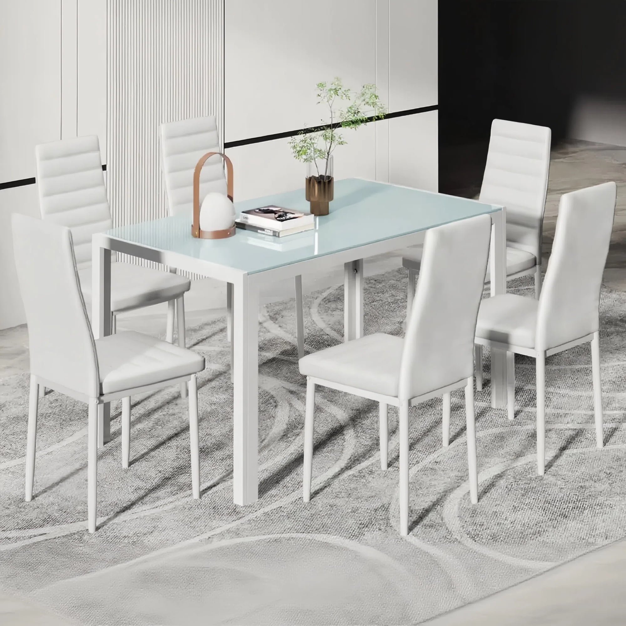 Dining Table Set for 6,Lofka DiningTable and Chairs for 6 with High Back Soft PU Chairs & Glass Kitchen Table for House,Apartment,Kitchen,Modern White - Walmart.com
