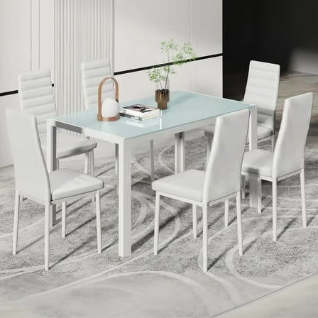 Dining Table Set for 6,Lofka DiningTable and Chairs for 6 with High Back Soft PU Chairs & Glass Kitchen Table for House,Apartment,Kitchen,Modern White